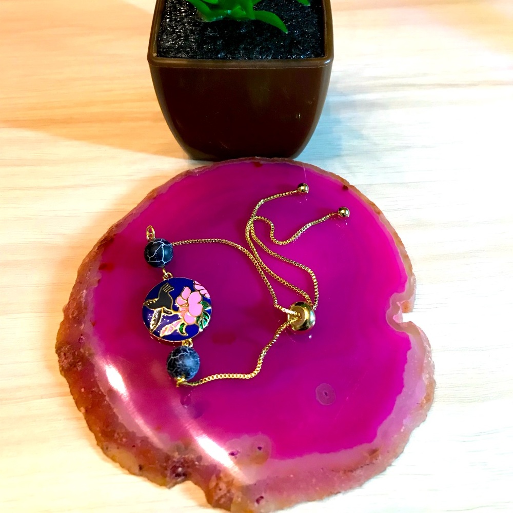 One-of-a-kind hand made adjustable bracelet with Enamel and Matte Agate charms.